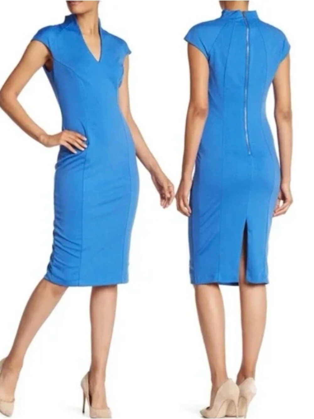 Alexia Admor Women’s Blue V-Neck Sheath Cap Sleeve Midi Dress size large